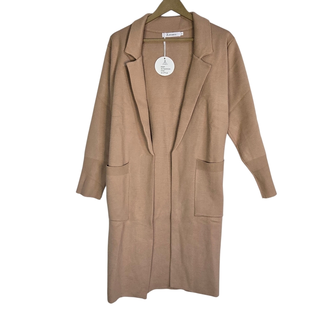 ANRABESS Women Size S, Camel Color Long Open Front Cardigan With Front Lapel NWT